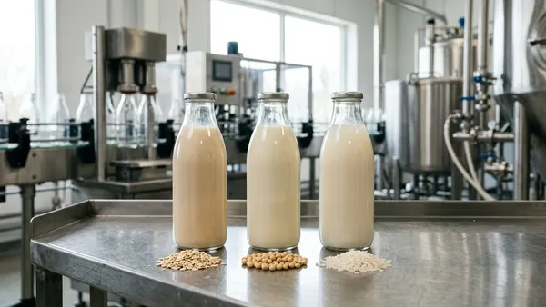 Contract manufacturing vegan plant milk: oat, soy, and rice on one glass-bottle line