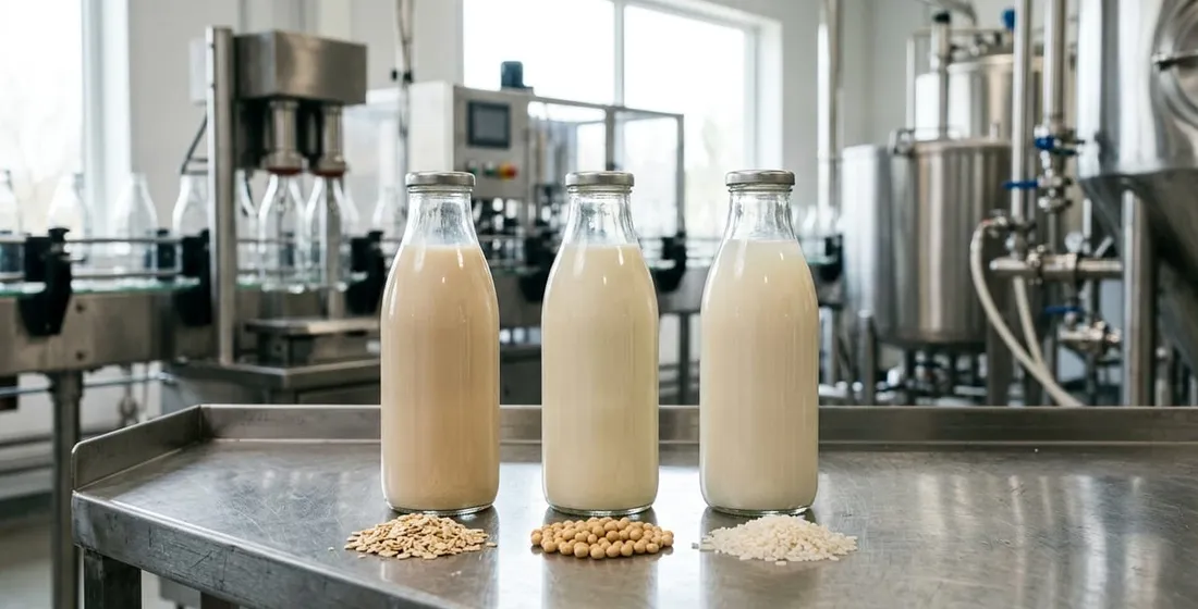 Contract manufacturing vegan plant milk: oat, soy, and rice on one glass-bottle line