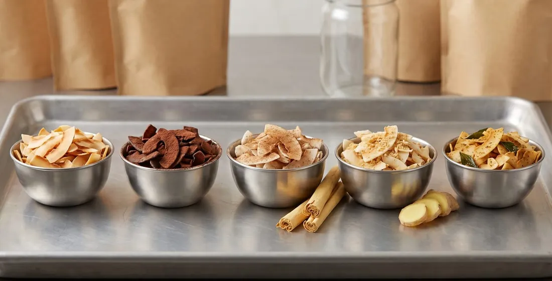 Private-Label Coconut Chips: Cocoa, Cinnamon, Ginger, Savoury